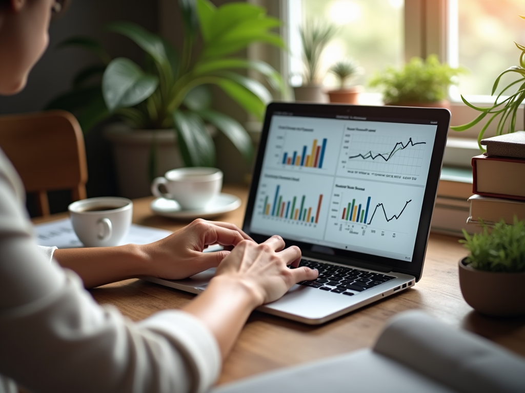 Person analyzing financial data on a laptop, with graphs on screen, in a cozy home office setting.