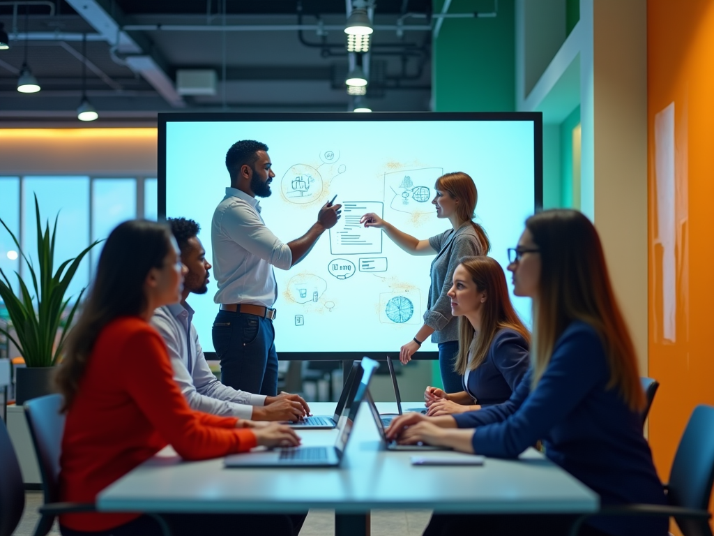 Diverse team in a meeting with two colleagues presenting digital analytics on a screen.