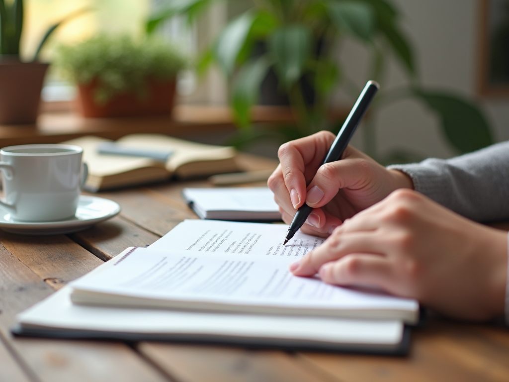 Person editing documents at a cozy desk with coffee and plants nearby.