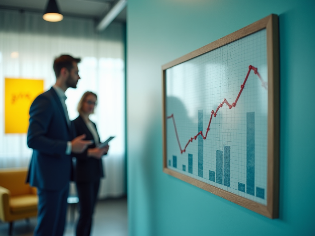 Two professionals discuss near a framed graph showing business growth.