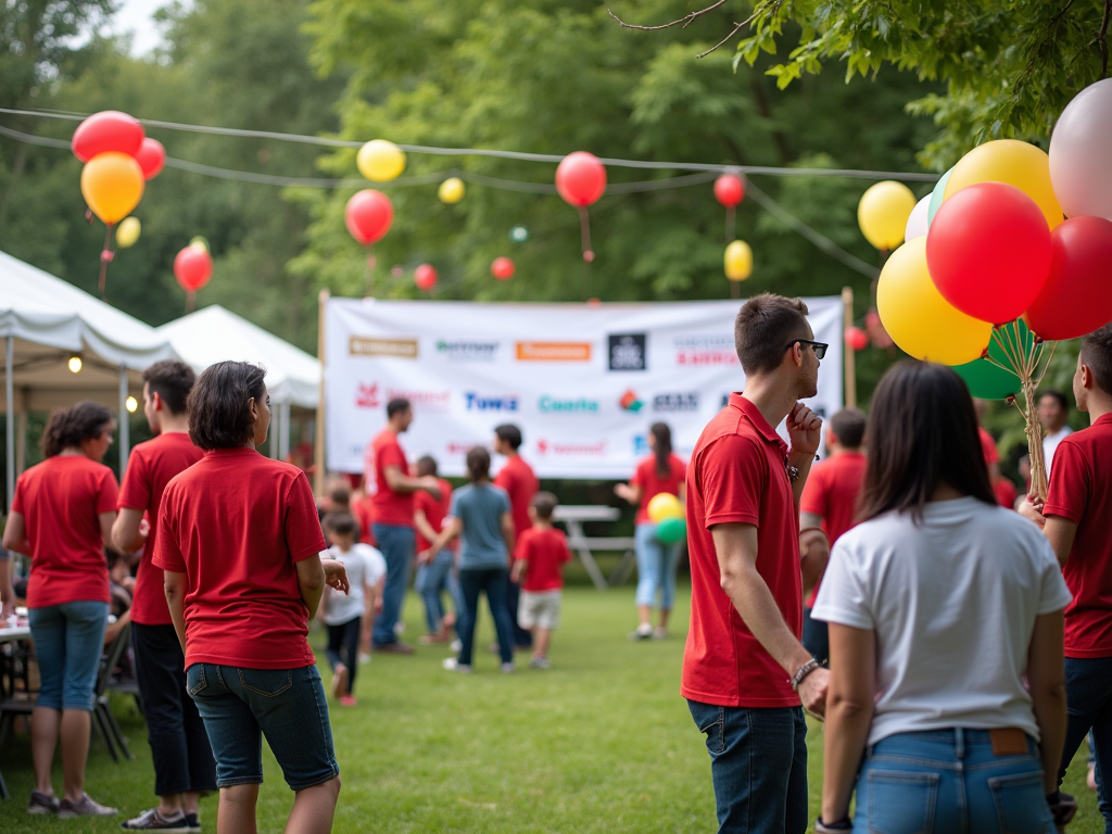 Outdoor community event with people in red shirts, colorful balloons, and booths with banners.