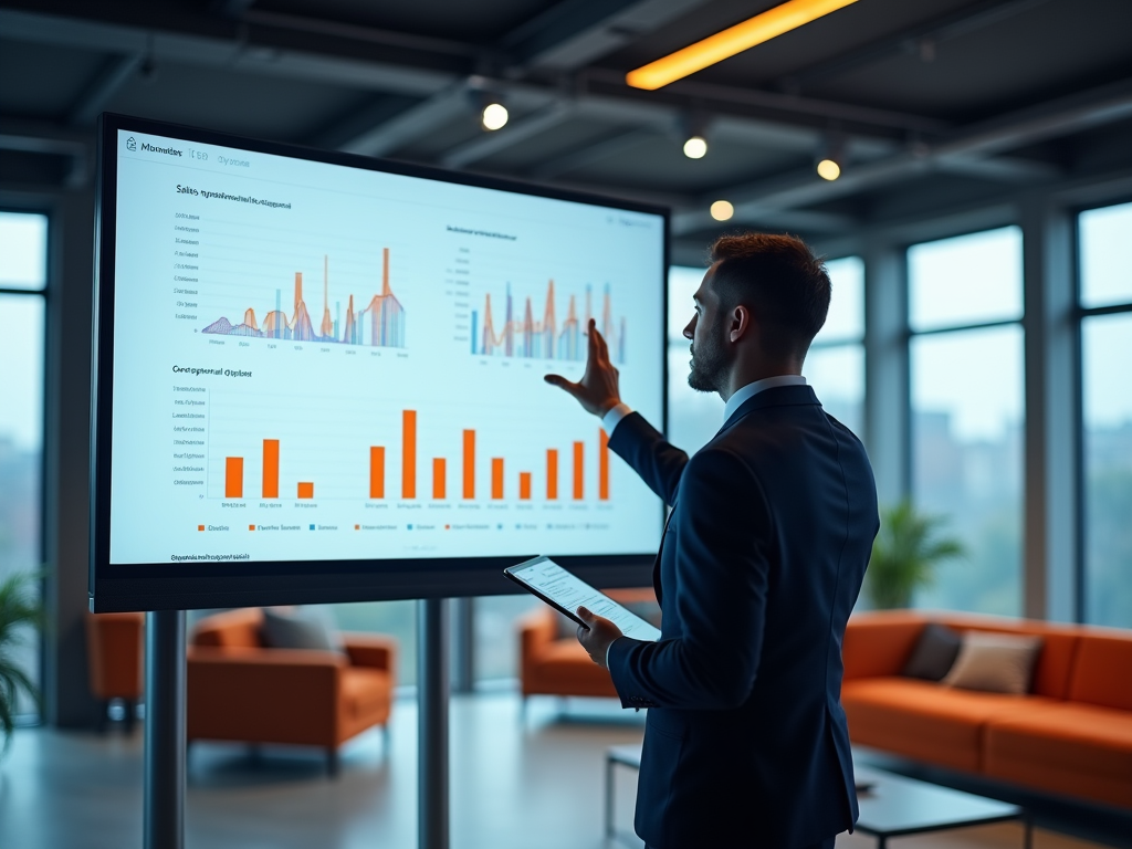 Businessman analyzing graphs on a digital screen in a modern office.