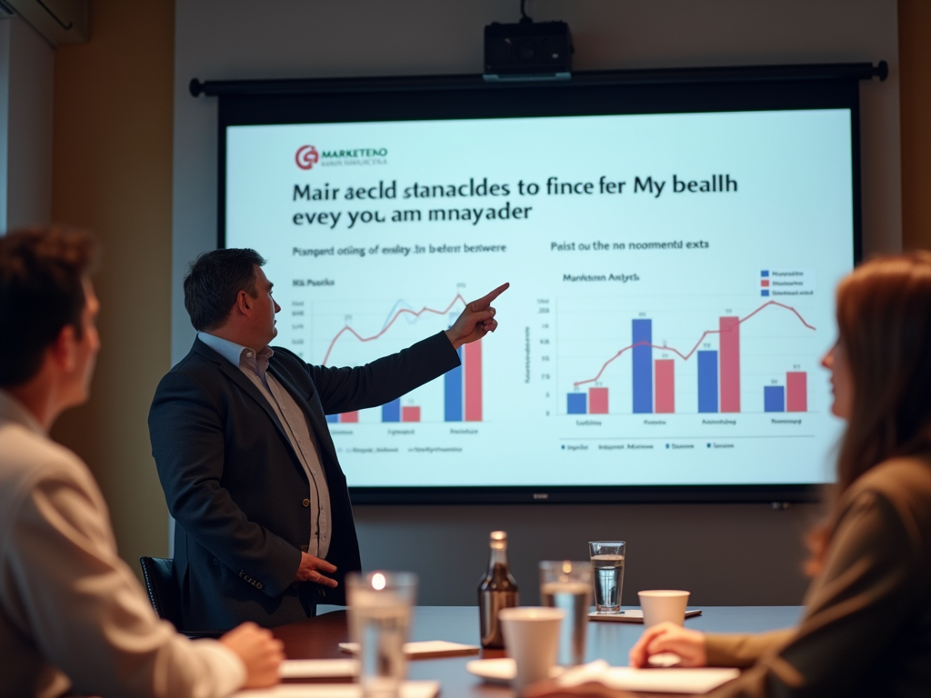 Man presenting business charts to colleagues in a meeting room.