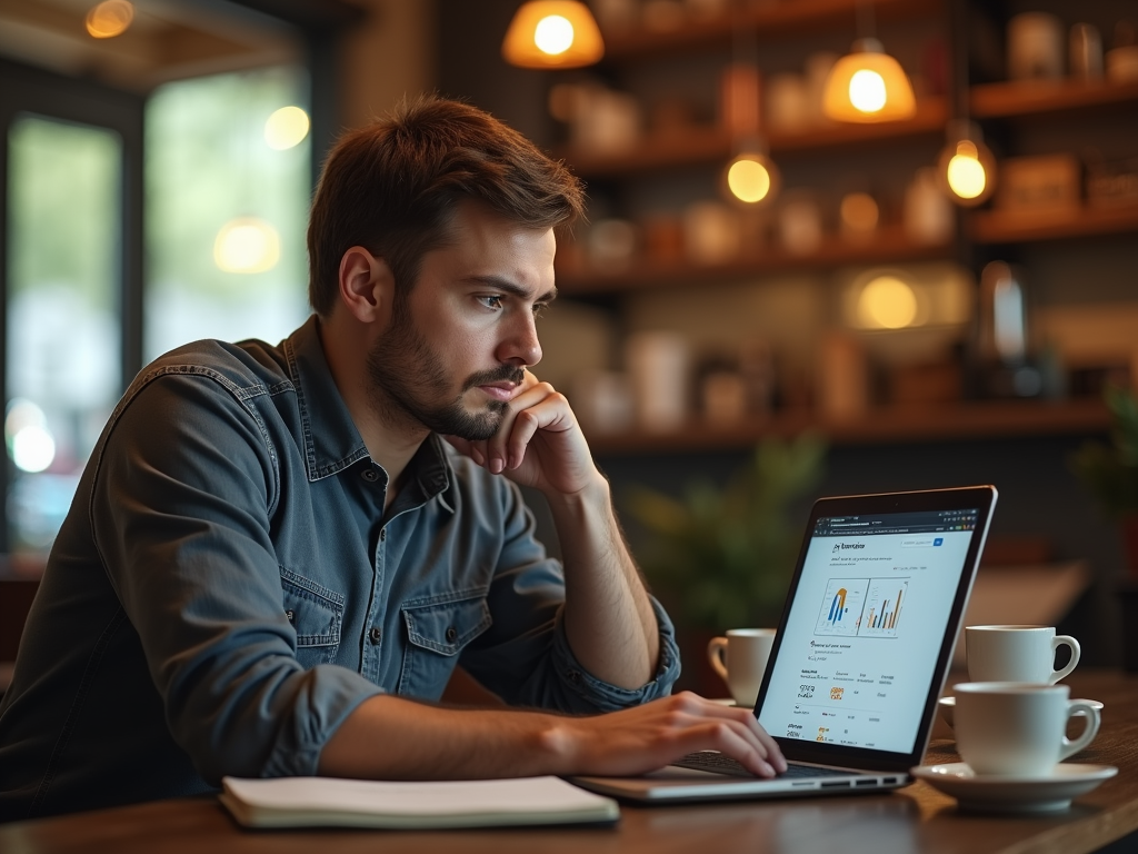 Man analyzing data on laptop in cozy cafe, with thoughtful expression.