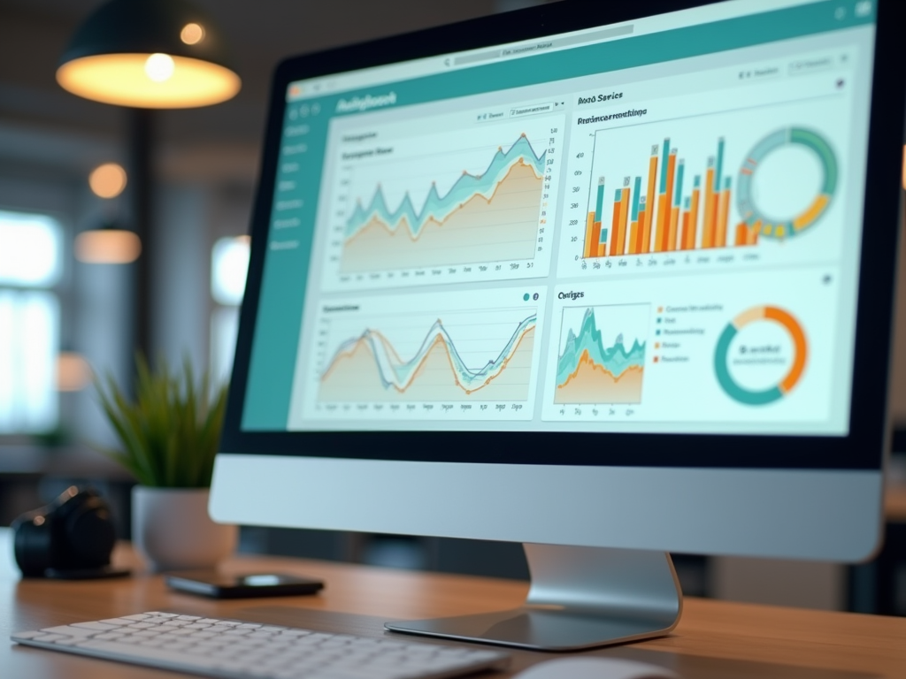 Computer screen displaying various business analytics graphs in a modern office setting.