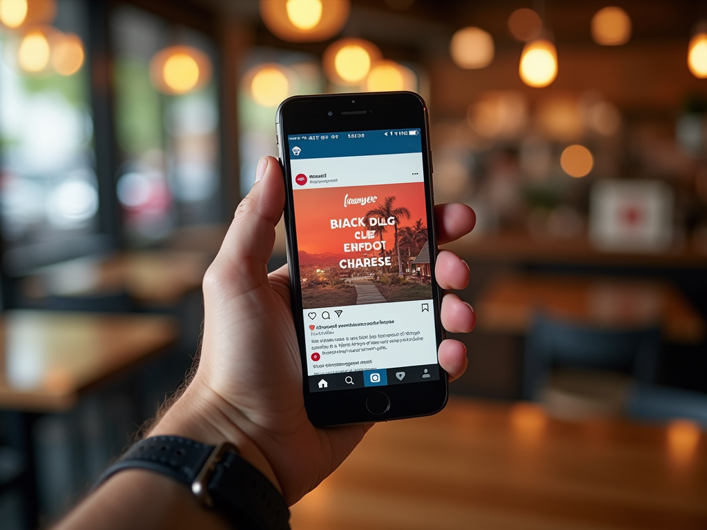 Hand holding smartphone displaying a social media post about Black Dlúc cheese in a cafe setting.