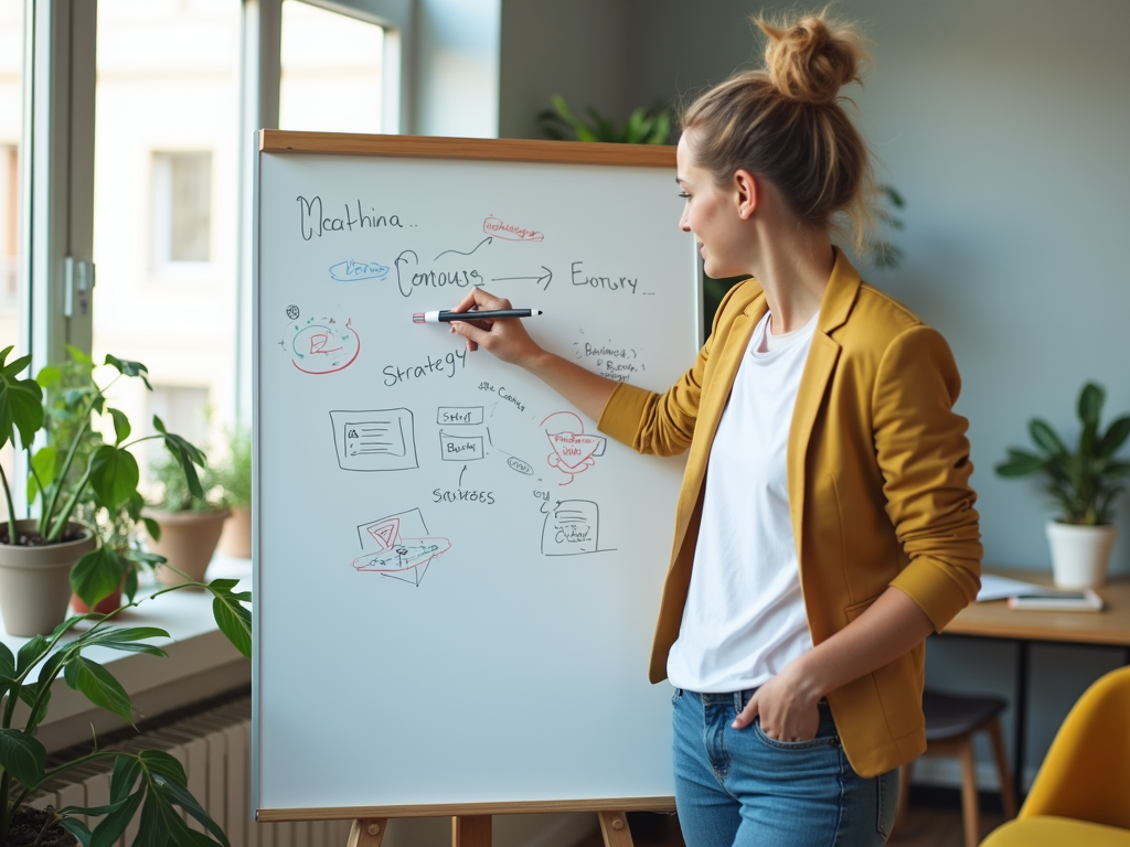 Woman in yellow blazer presenting a business strategy on a whiteboard in an office.