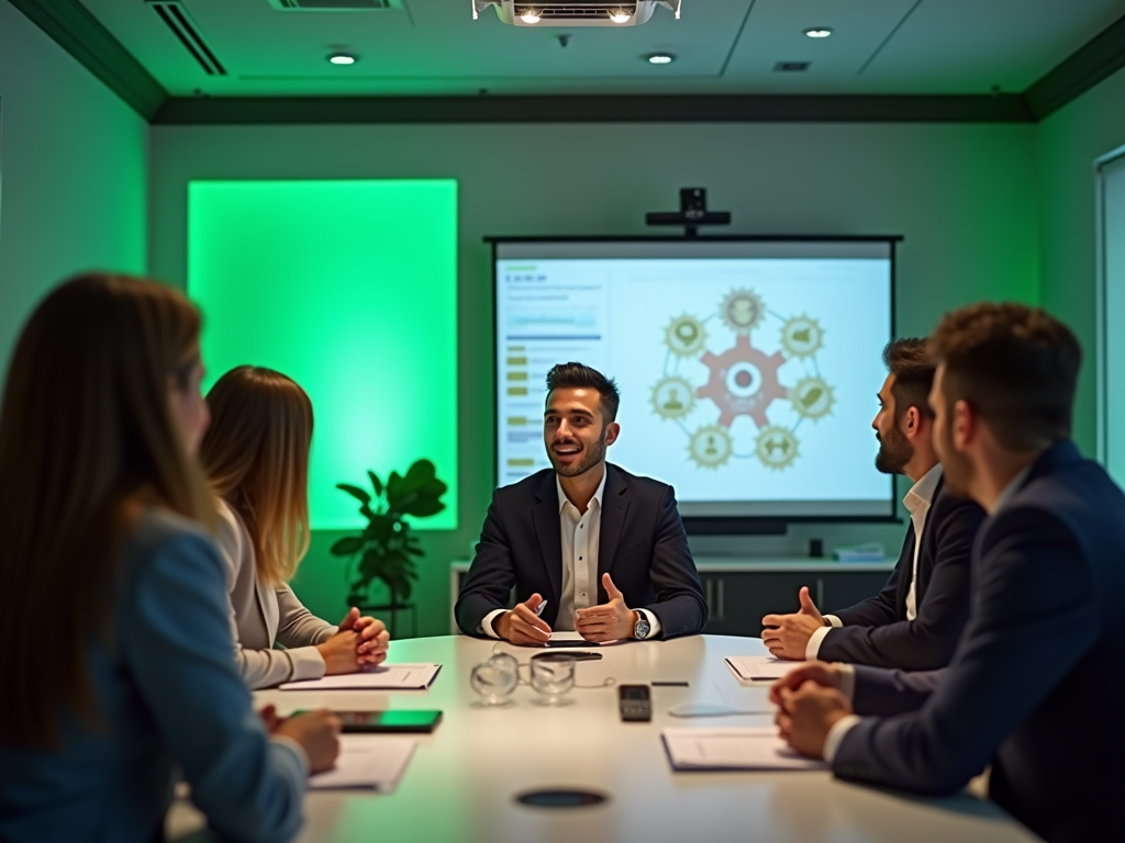 Business meeting in progress with a man presenting to colleagues near a screen displaying gears.