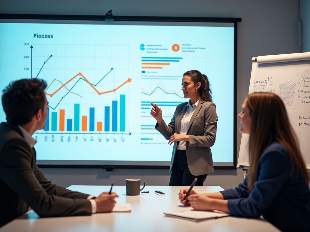 A businesswoman presenting data charts in a meeting with attentive colleagues.