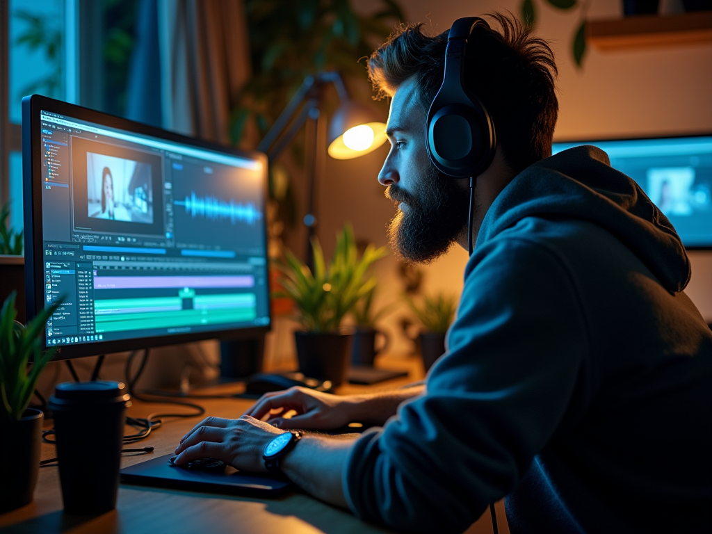 A man with a beard edits video on a computer, wearing headphones, surrounded by plants in a dimly lit room.