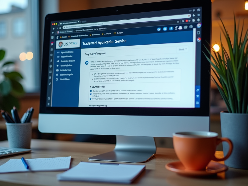 A computer screen showing the USPTO Trademark Application Service page, with a workspace and a cup on the desk.