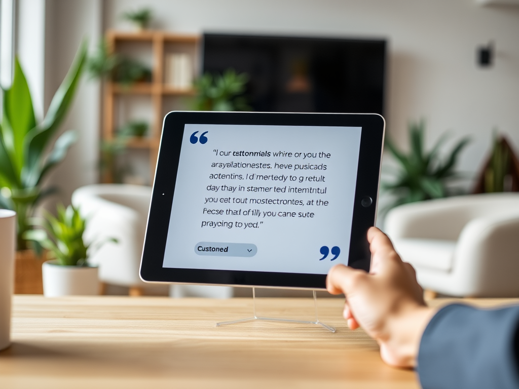 A hand holds a tablet displaying a partially obscured quote in a cozy, plant-filled room.