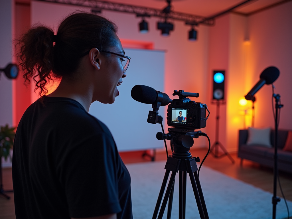 A woman speaking into a microphone, with a camera focused on her, set in a colorful studio environment.