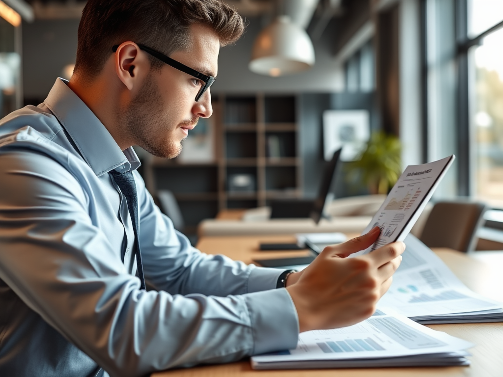 A focused young professional reviews printed financial reports and charts at a modern office desk.