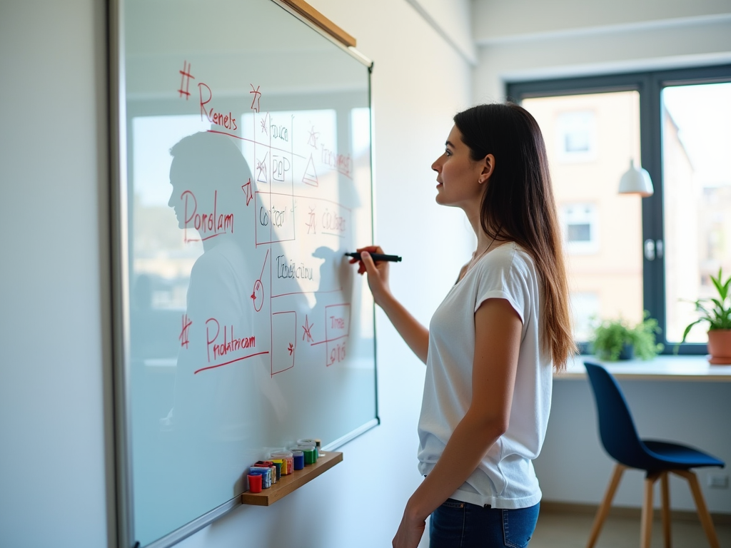 A woman writes on a whiteboard with colored markers in a bright, modern office space.