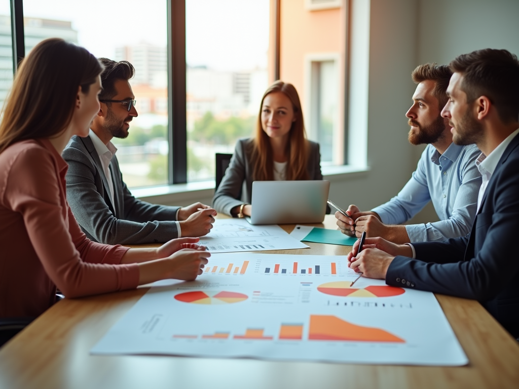 A group of five professionals engaged in a meeting, discussing charts and data on a table. A laptop is present.