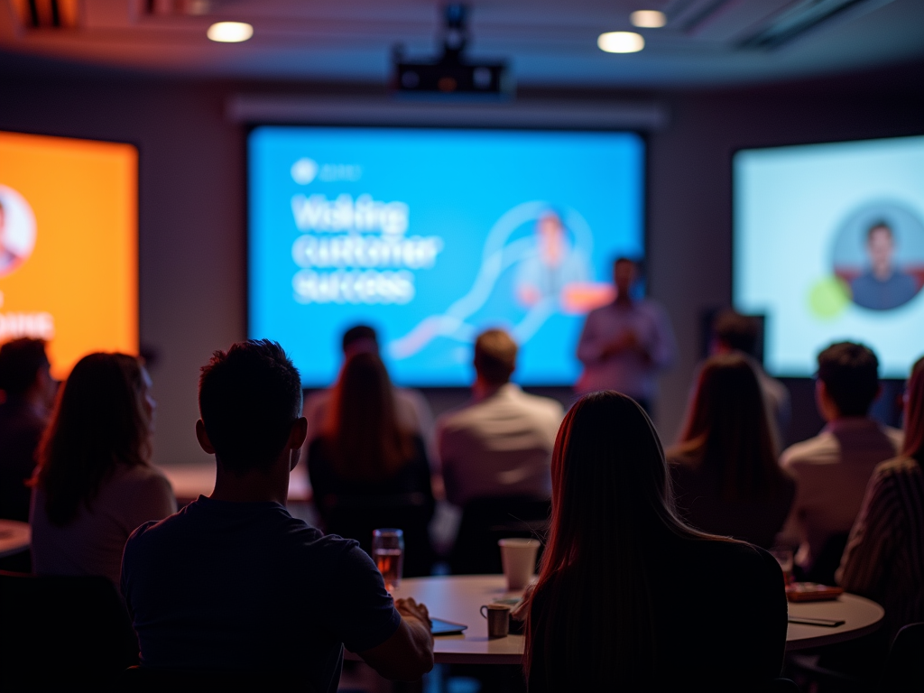 A group of attendees watching a presentation about customer success in a conference room setting.