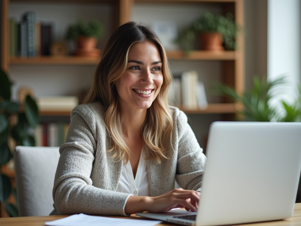 A smiling woman is working on a laptop at a desk, surrounded by plants and books in a cozy environment.