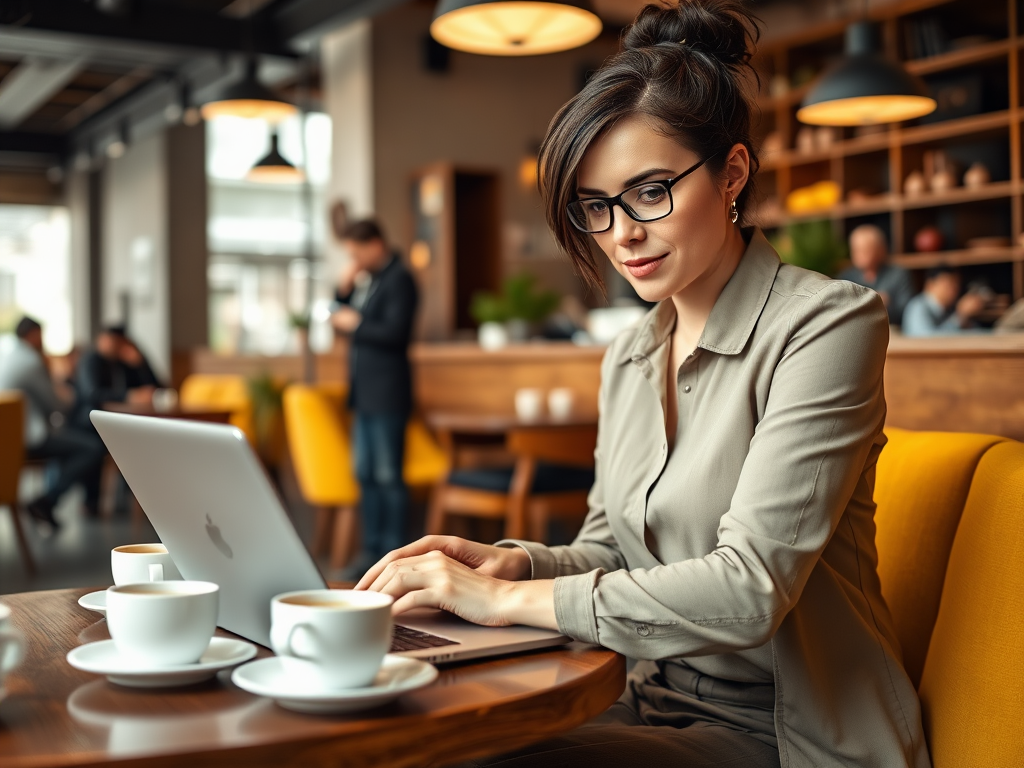 A woman in glasses works on a laptop in a cozy café, with coffee cups on the table. People are chatting in the background.