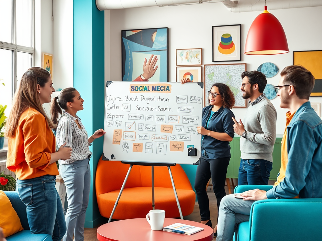 A group of five people discusses social media strategies, standing by a whiteboard in a colorful office space.