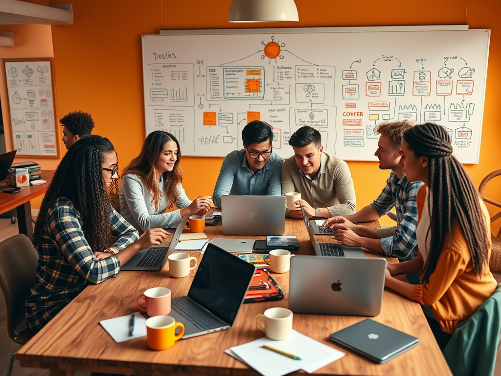 A diverse group of six young professionals collaborates around a table with laptops and coffee cups in a bright meeting room.