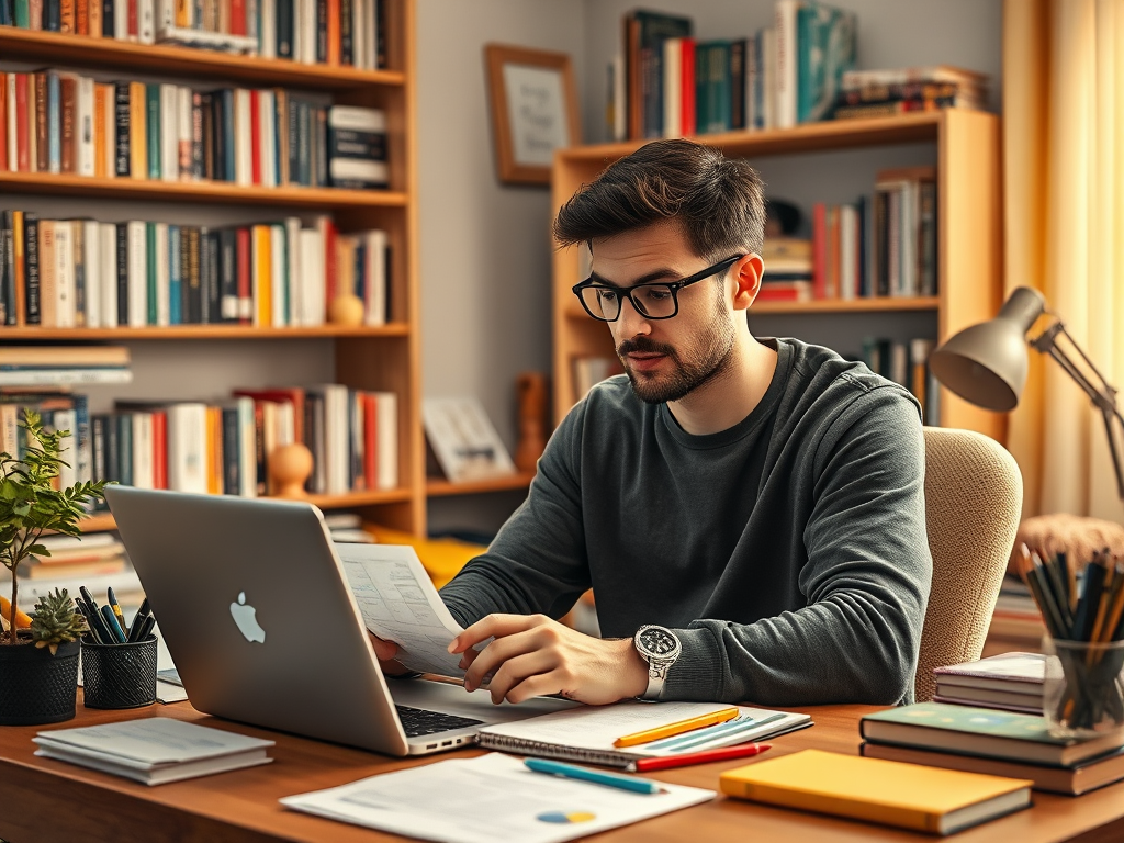 A focused young man with glasses sits at a desk, working on a laptop amidst books and stationery.