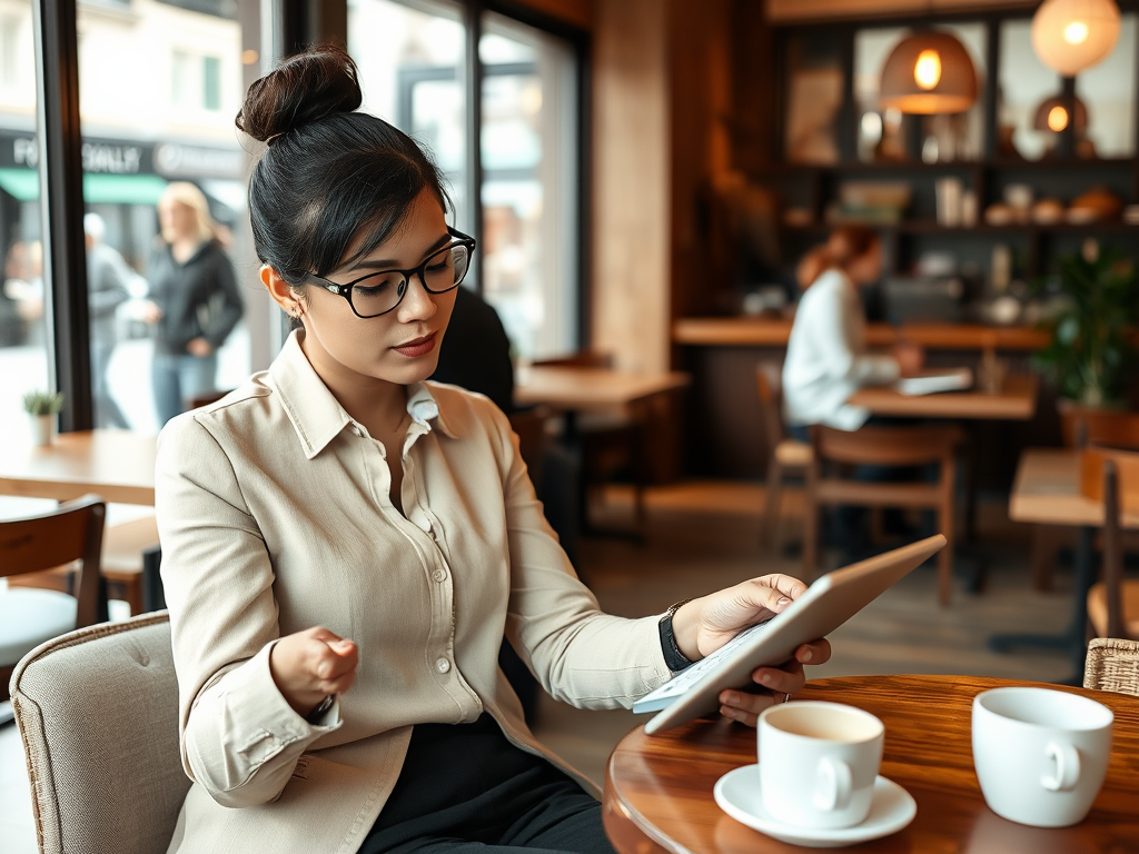 A woman with glasses is using a tablet at a coffee shop, sitting at a wooden table with two cups nearby.