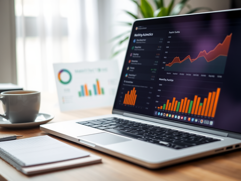 A laptop displaying marketing analytics graphs, a cup of coffee, and a notepad on a wooden desk.