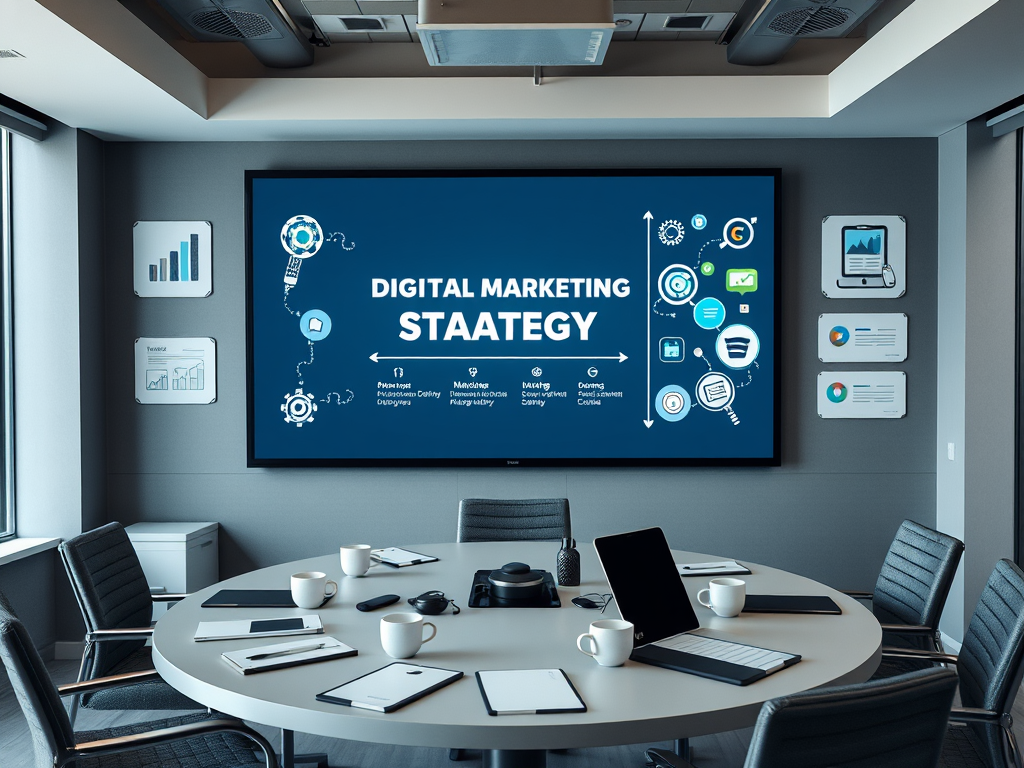 A modern conference room featuring a screen displaying "Digital Marketing Strategy" with various icons and graphs.