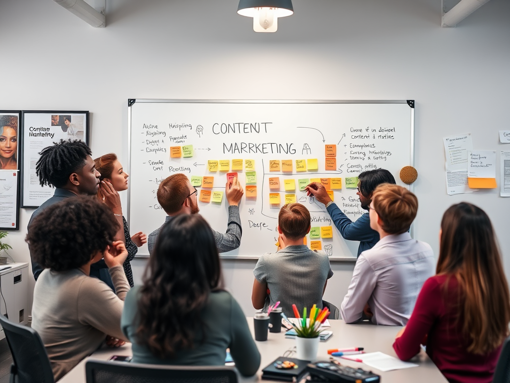 A diverse team collaborates around a whiteboard, discussing content marketing strategies with sticky notes and charts.