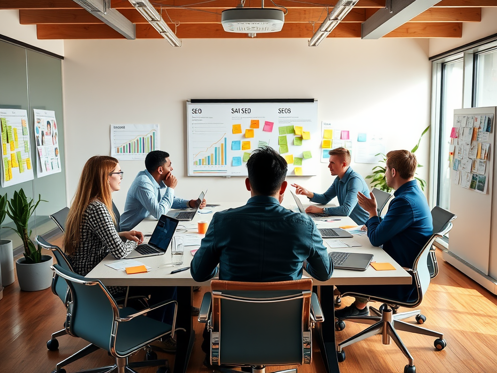 A diverse group of professionals collaborates in a bright meeting room with charts and notes on the walls.