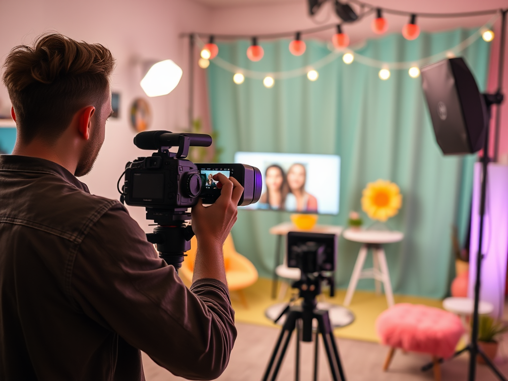 A man films in a brightly lit studio, with colorful decor and a TV showing two women smiling.