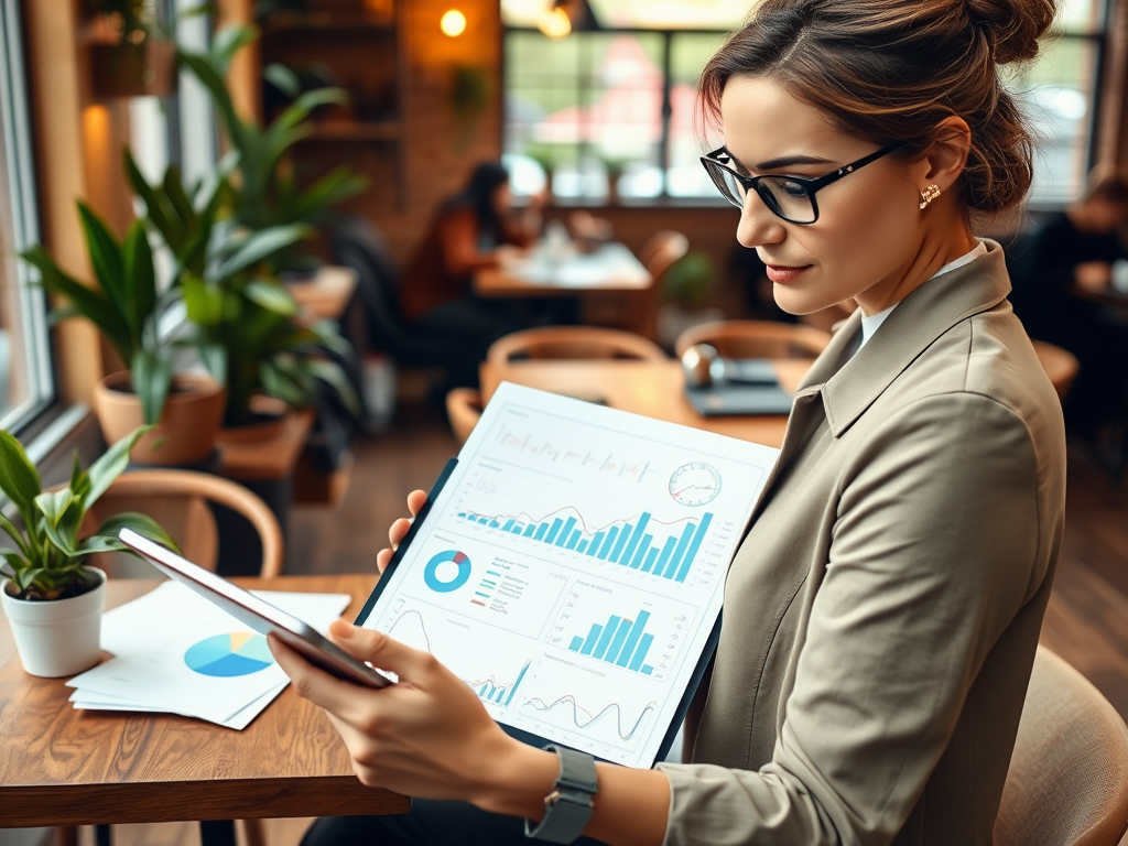 A woman in glasses reviews business charts and graphs while sitting in a stylish café surrounded by plants.