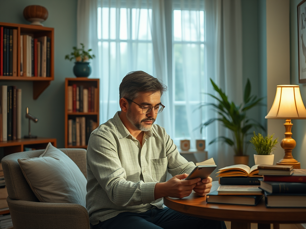 A man in glasses is sitting in a cozy room, reading a book with a warm lamp and books around him.