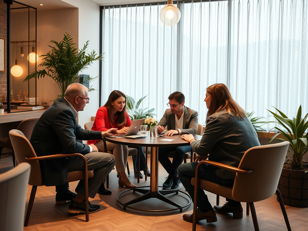 Four professionals are discussing ideas around a table in a modern, plant-filled workspace with natural light.