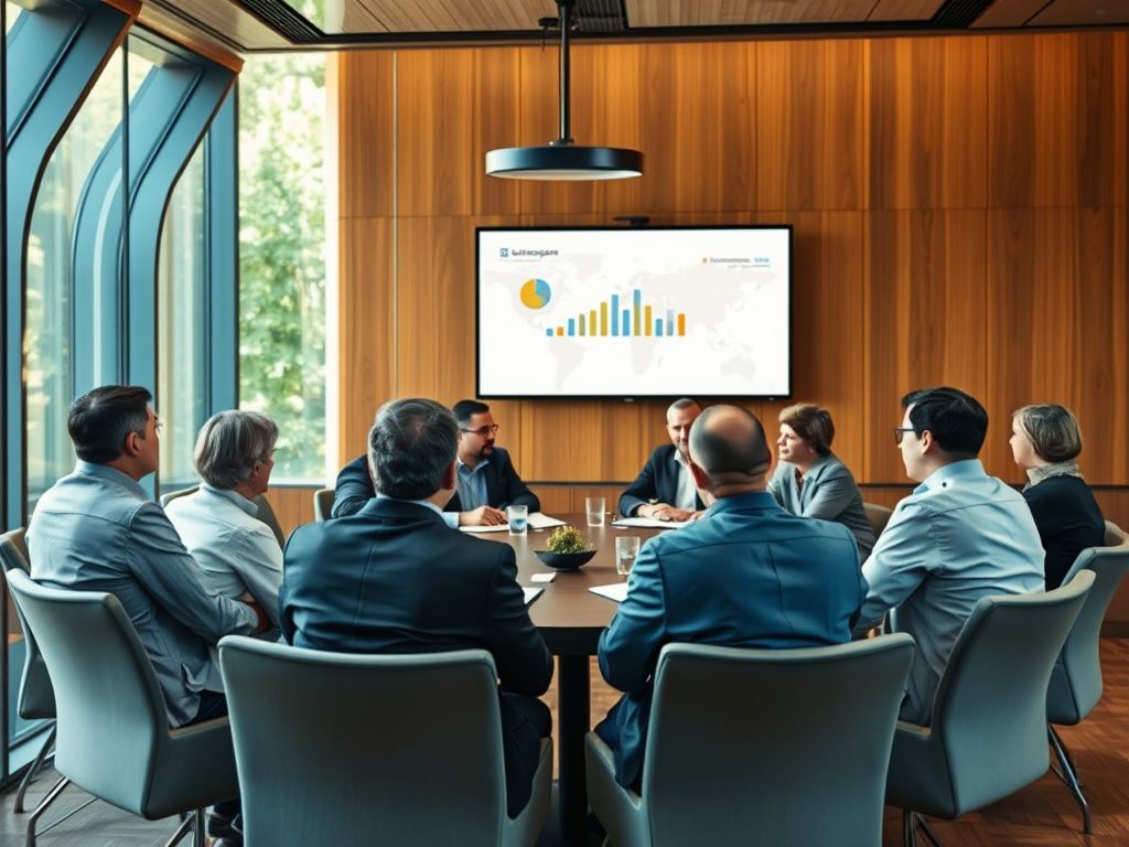 A business meeting in a modern conference room with a presentation screen displaying graphs and charts.