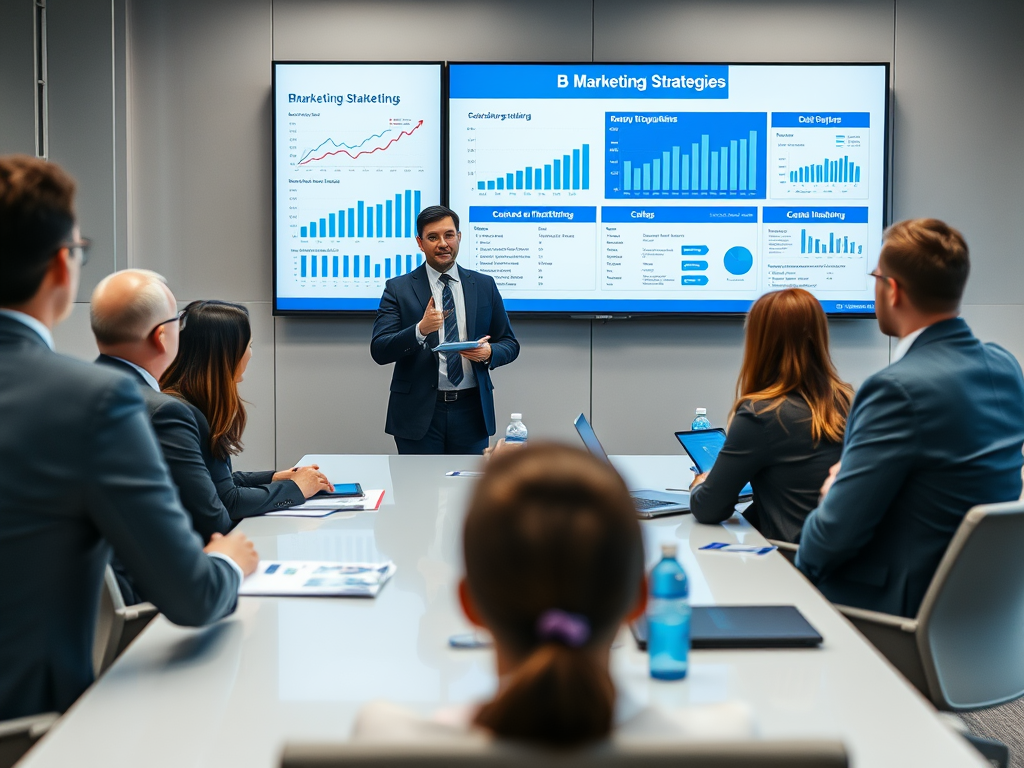 A business meeting with a presenter discussing marketing strategies, shown on large screens. Attendees are engaged.