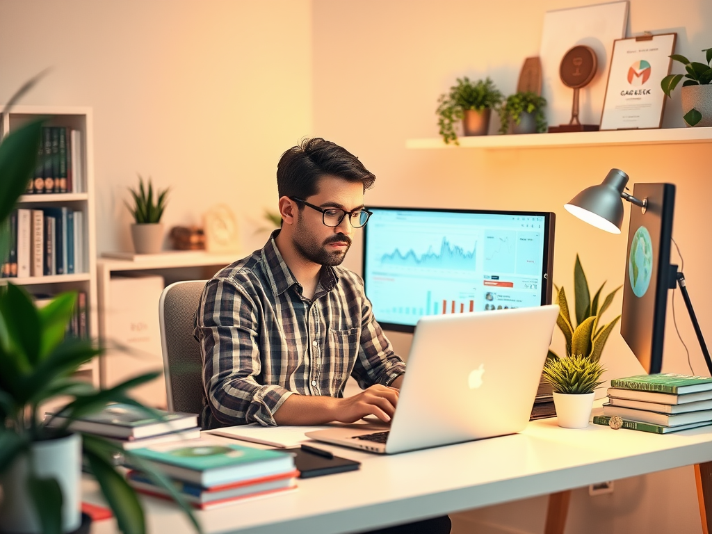 A man in a checkered shirt works on a laptop, analyzing data on a large screen in a modern office space.