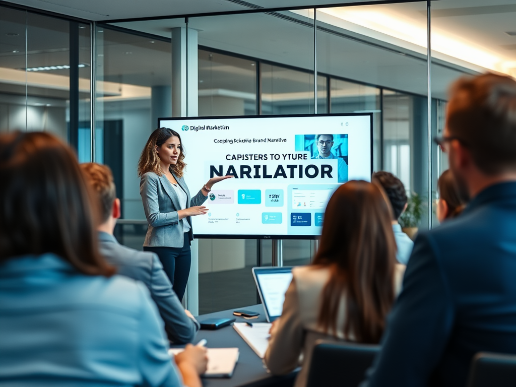 A woman presents in a modern meeting room, explaining a digital marketing strategy to an engaged audience.