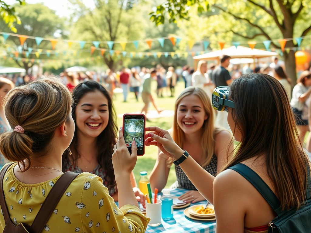 A group of friends enjoying a sunny day at a picnic, taking photos and sharing smiles amidst festive decorations.