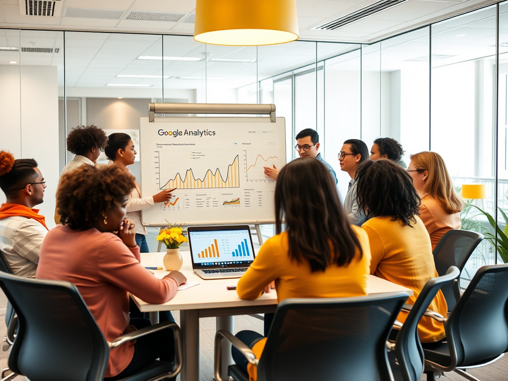 A diverse group of professionals is engaged in a meeting, analyzing data presented on a screen in a modern office.