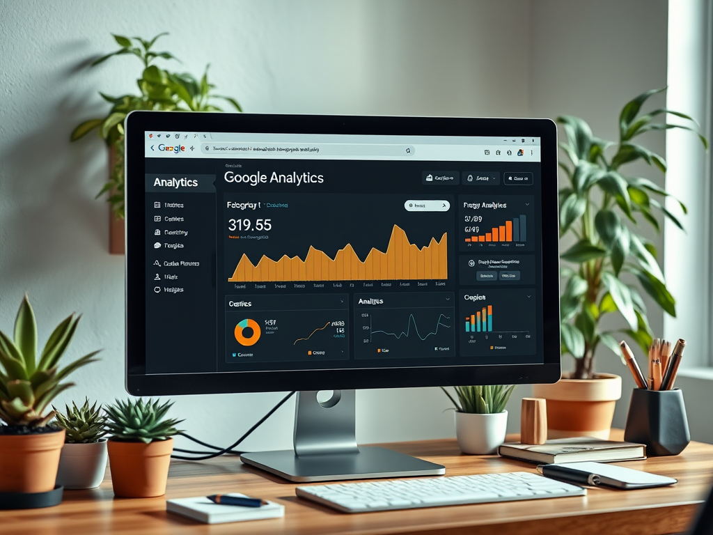 A desktop computer displaying Google Analytics with charts and metrics, surrounded by indoor plants on a wooden desk.