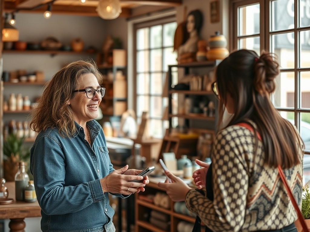A smiling woman in a denim shirt engages in conversation with another woman in a cozy shop filled with home goods.