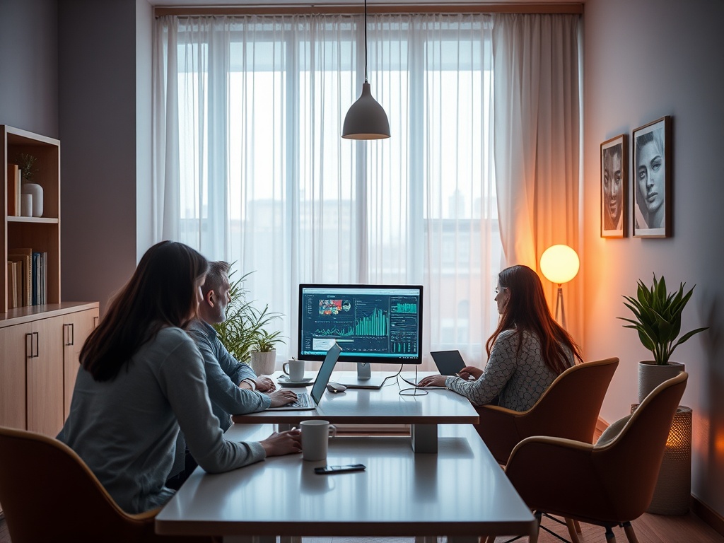 A group of three people working together at a table, focused on a computer with graphs in a modern setting.