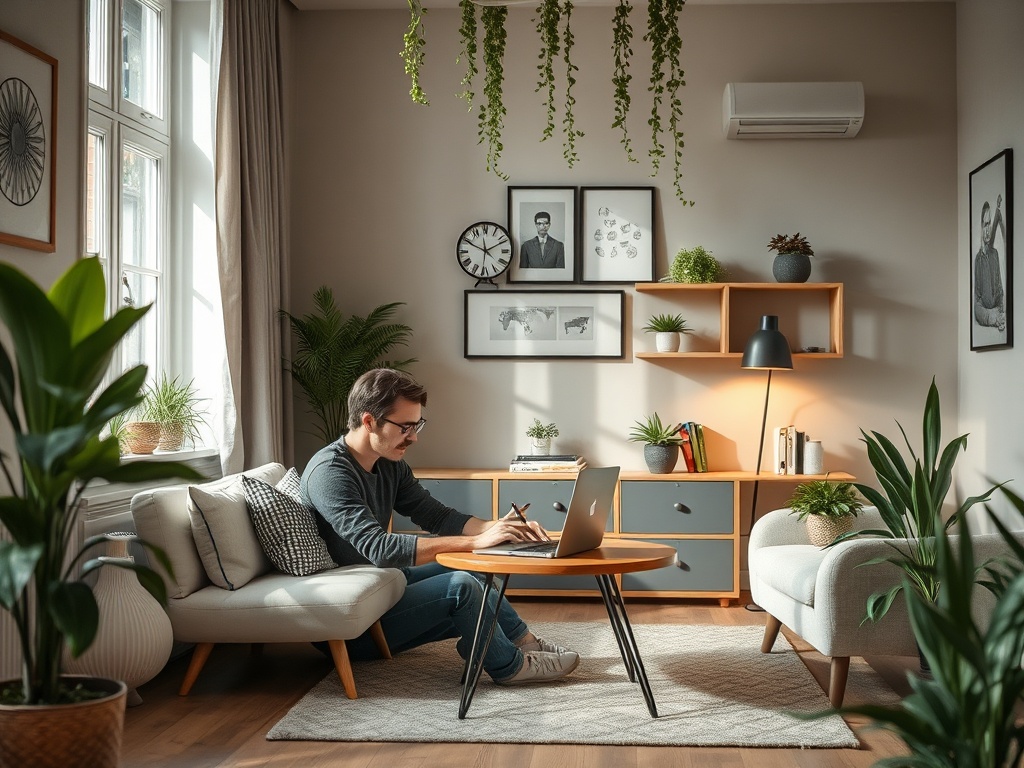 A man sits at a wooden table working on a laptop in a cozy, plant-filled living room with modern decor.