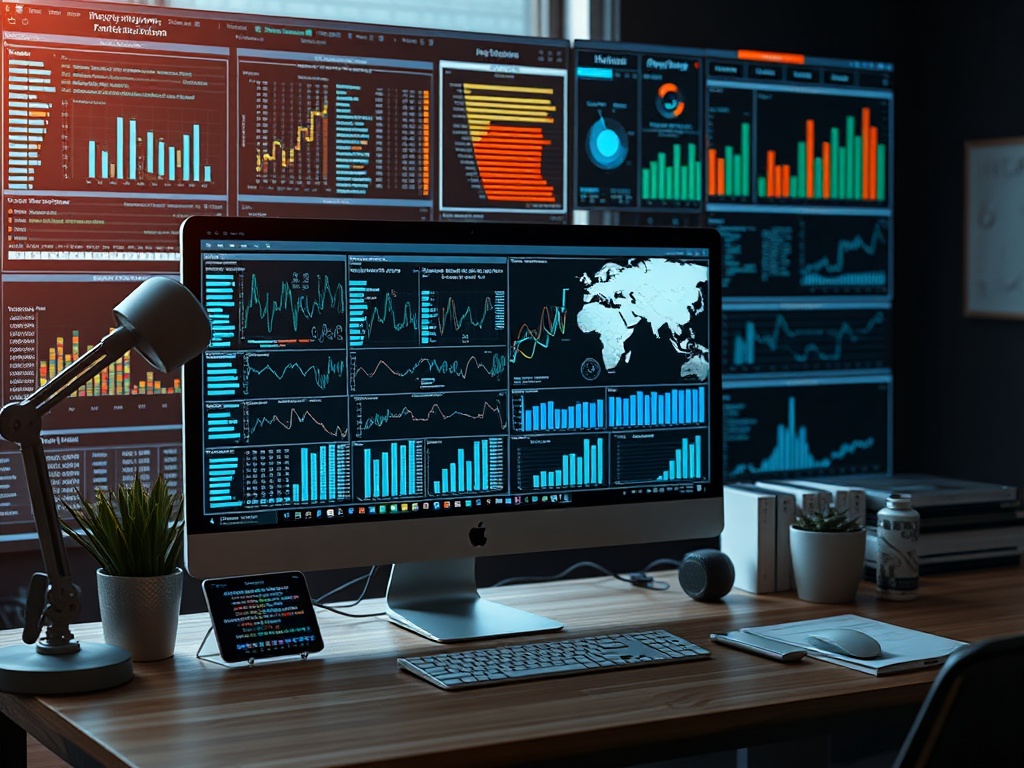 A modern workspace featuring multiple screens displaying data graphs, charts, and a world map on a desk with a lamp.
