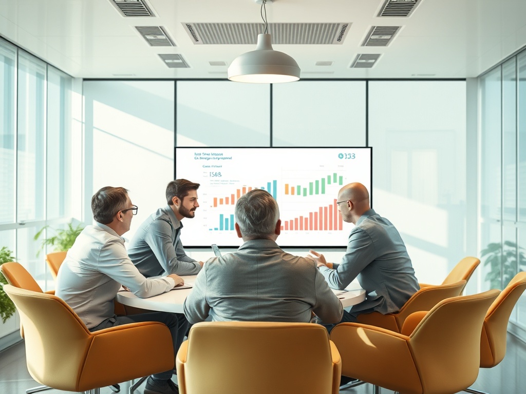 A group of professionals in a meeting room discusses data displayed on a screen, seated around a circular table.