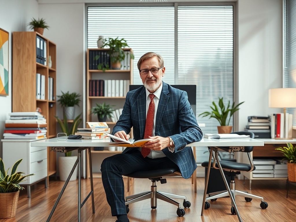 A man in a suit sits at his desk in a modern office, looking at a book, surrounded by plants and shelves.