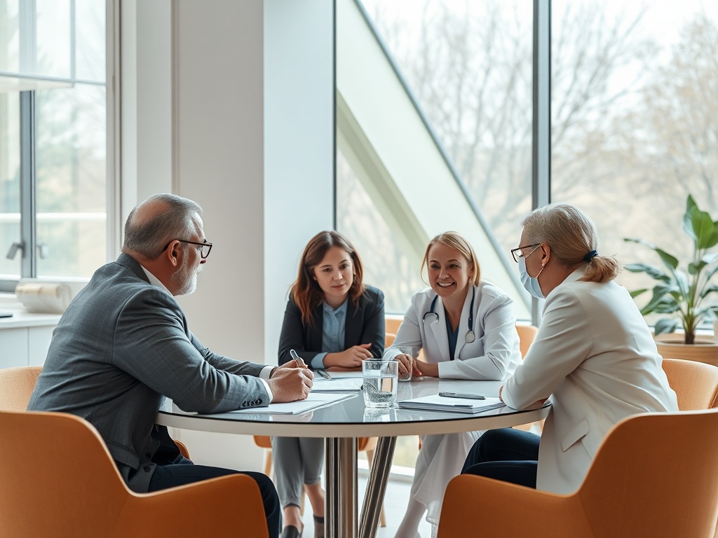 Four professionals engage in a discussion around a table, with notes and a glass of water present.