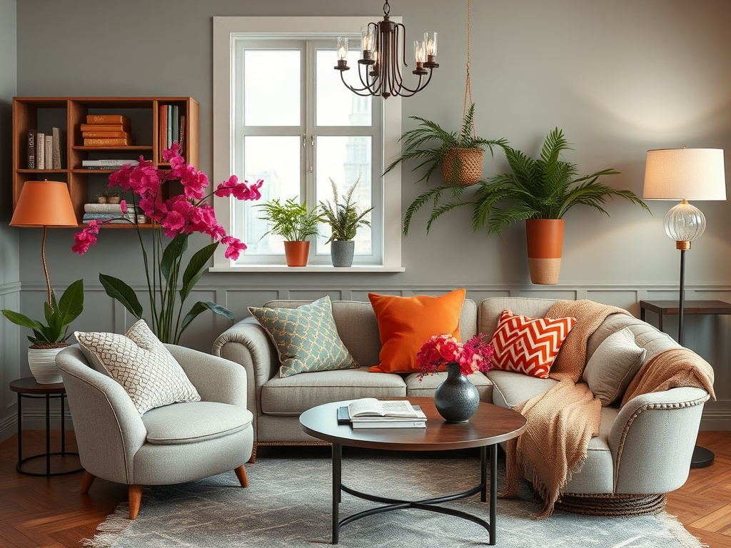 A cozy living room features a gray sofa, vibrant cushions, plants, and a stylish coffee table, creating a warm ambiance.